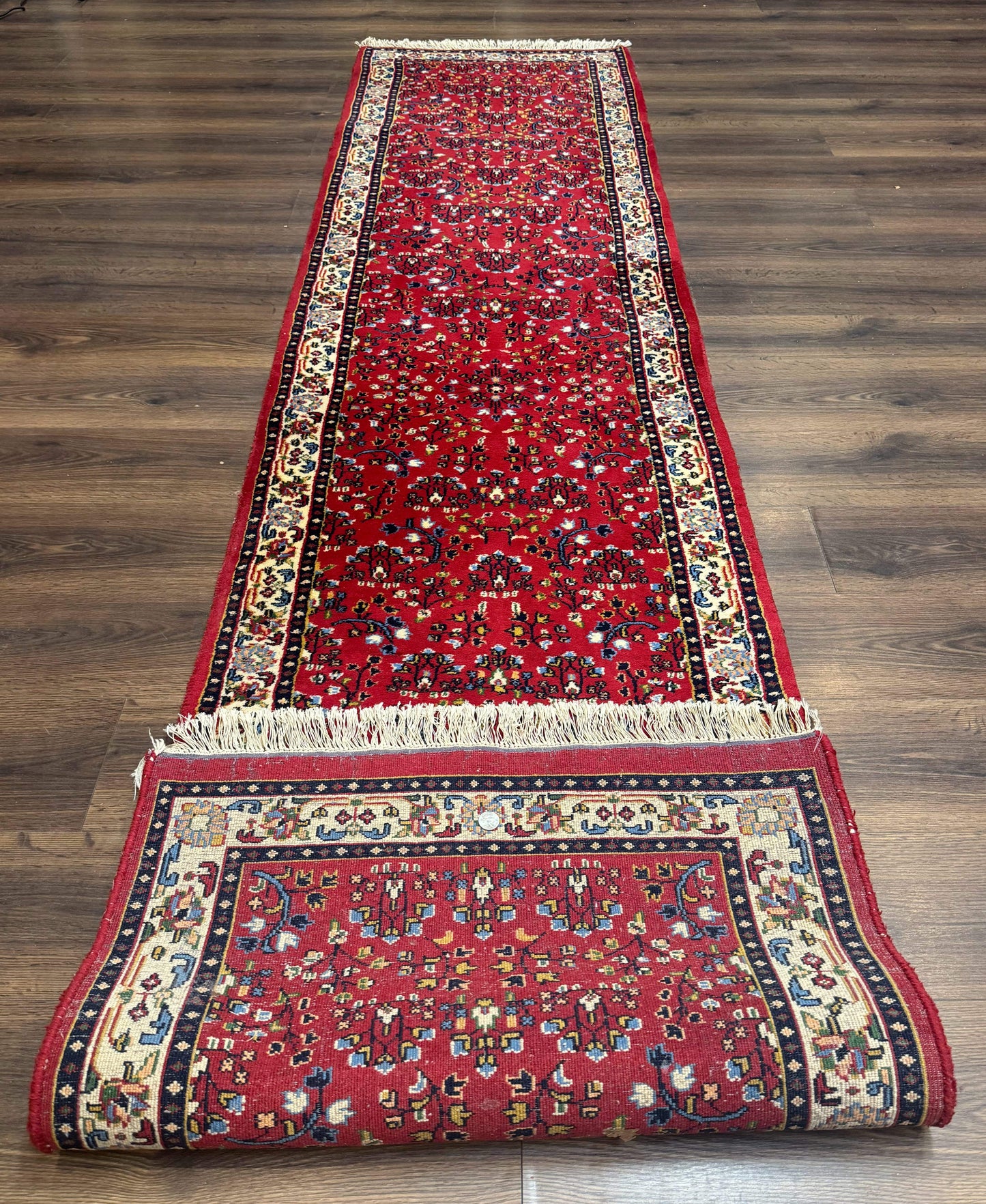 Indo Persian Sarouk Runner Rug 3 x 12, Red and Cream, Allover Pattern, 12ft Runner, Hand Knotted