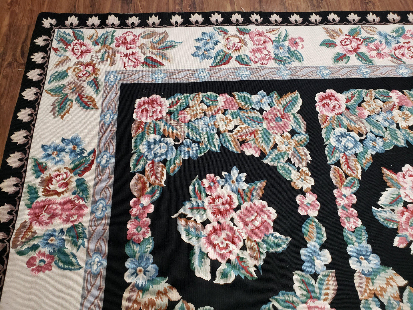 Floral Needlepoint Rug 9.5 x 13.6, Floral Panel Design, Black and Ivory Flatweave Aubusson Carpet, Multicolor