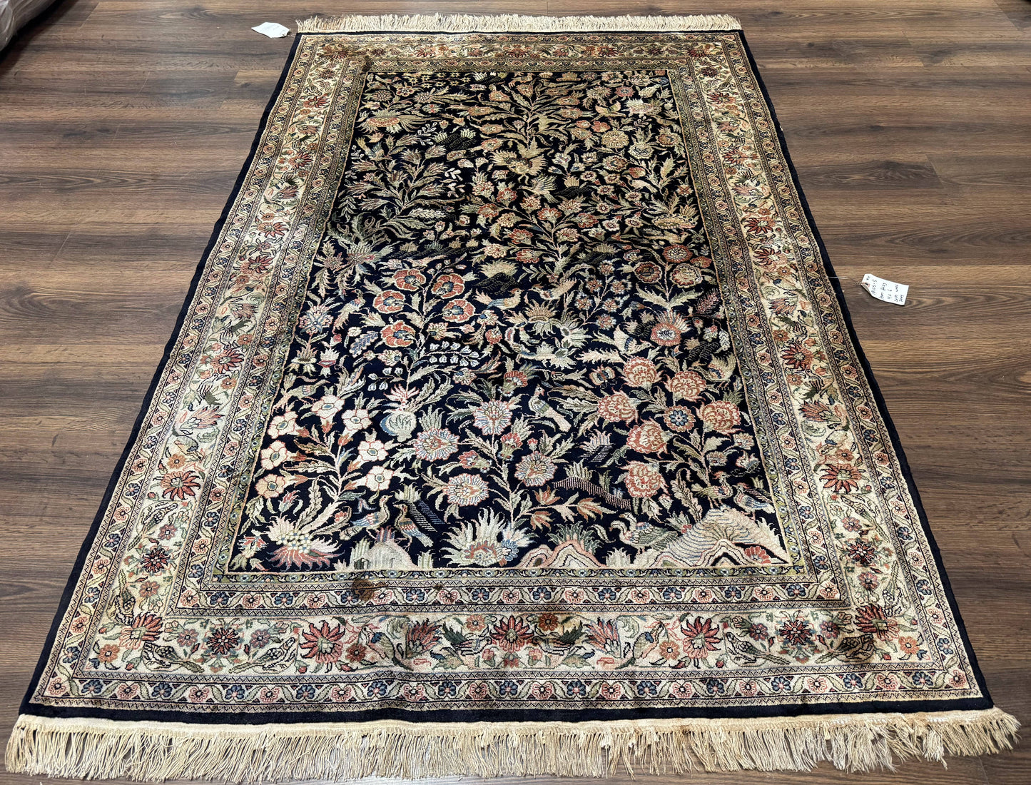 Silk Rug 4x6 Vintage Hand Knotted Tree of Life Black Cream Floral Bird Pictorial Sino Persian