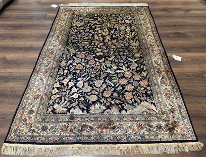 Silk Rug 4x6 Vintage Hand Knotted Tree of Life Black Cream Floral Bird Pictorial Sino Persian