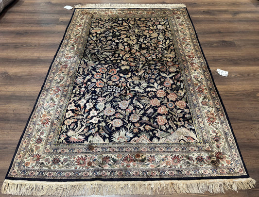 Silk Rug 4x6 Vintage Hand Knotted Tree of Life Black Cream Floral Bird Pictorial Sino Persian