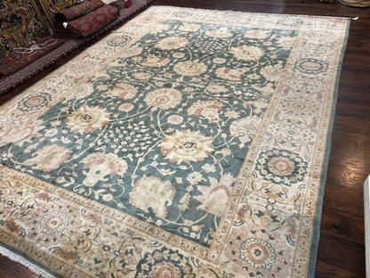 Egyptian Mahal Rug 10x14, Large Vintage Floral Hand Knotted Wool Carpet 10 x 14, Dark Green and Beige Traditional Handmade Persian Area Rug
