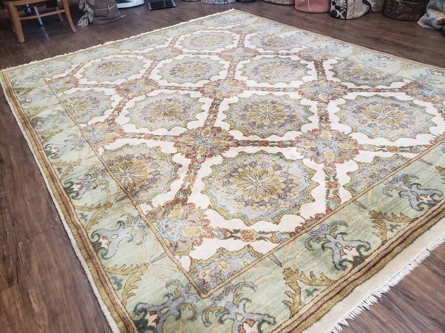 Indo Sultanabad Area Rug 8 x 9.5, Wool Hand-Knotted Ivory Green Teal Decorative Rug, Floral Panel Carpet, Indian Rug, 8 x 10 Bedroom Rug