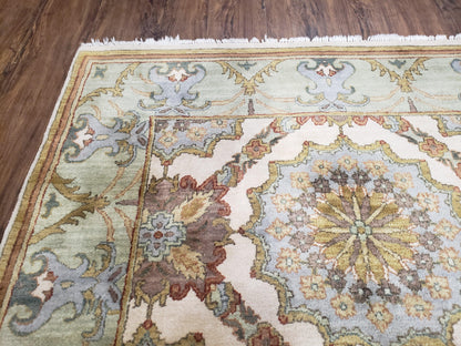 Indo Sultanabad Area Rug 8 x 9.5, Wool Hand-Knotted Ivory Green Teal Decorative Rug, Floral Panel Carpet, Indian Rug, 8 x 10 Bedroom Rug