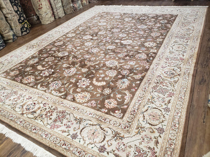 Pak-Persian Vintage Wool Rug 9x12 Hand-Knotted Spice Brown Ivory Traditional Oriental Carpet