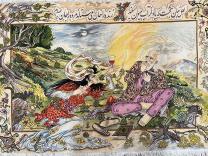 Persian Tabriz Pictorial Rug Hand Knotted Wool 5x3 Hafez Poetry Border