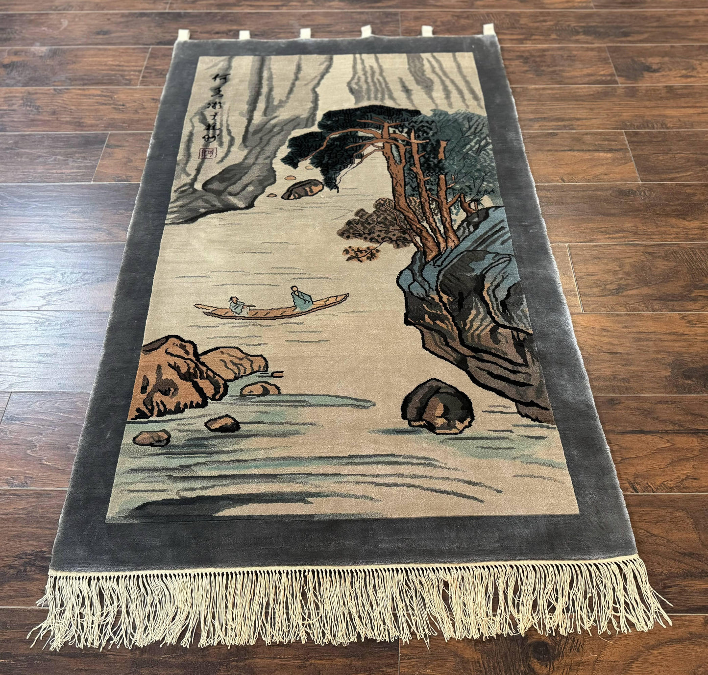 Chinese Silk Wall Hanging Hand Knotted 3x5 Feet River And Boat Scene Rug Tapestry For Home Decor