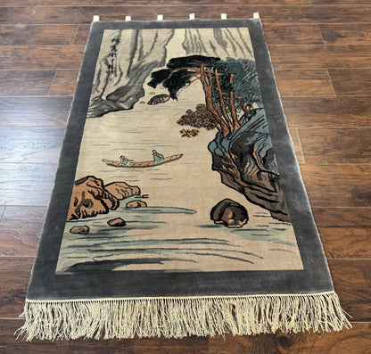 Chinese Silk Wall Hanging Hand Knotted 3x5 Feet River And Boat Scene Rug Tapestry For Home Decor