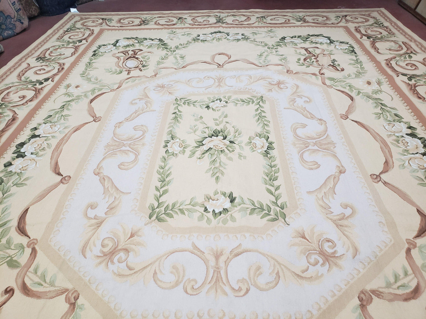 Elegant Aubusson Rug 10 x 14, Cream and Ivory Simple Aubusson Floral Carpet, Hand-Woven, European, New Aubusson Rug, Wool Area Rug, Violins