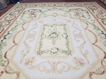 Elegant Aubusson Rug 10 x 14, Cream and Ivory Simple Aubusson Floral Carpet, Hand-Woven, European, New Aubusson Rug, Wool Area Rug, Violins