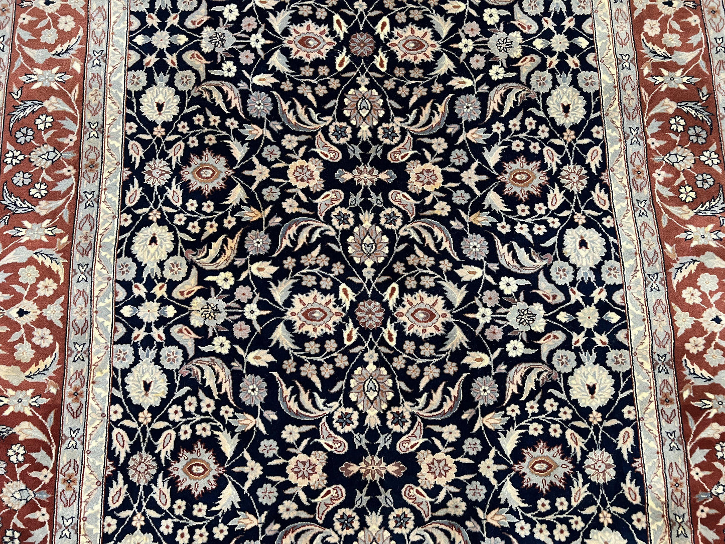 Indo Sarouk Rug 6x9, Vintage Indian Persian Rug, Wool Oriental Carpet, Navy Blue Red Allover Floral Rug, Traditional Very Fine Rug, Area Rug