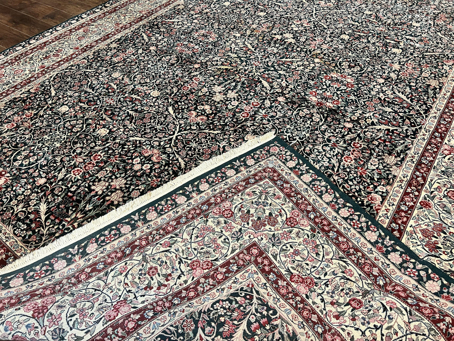 Premium Sino Persian Rug 10x14 Wool Hand Knotted Kirman Floral Dark Green Beige