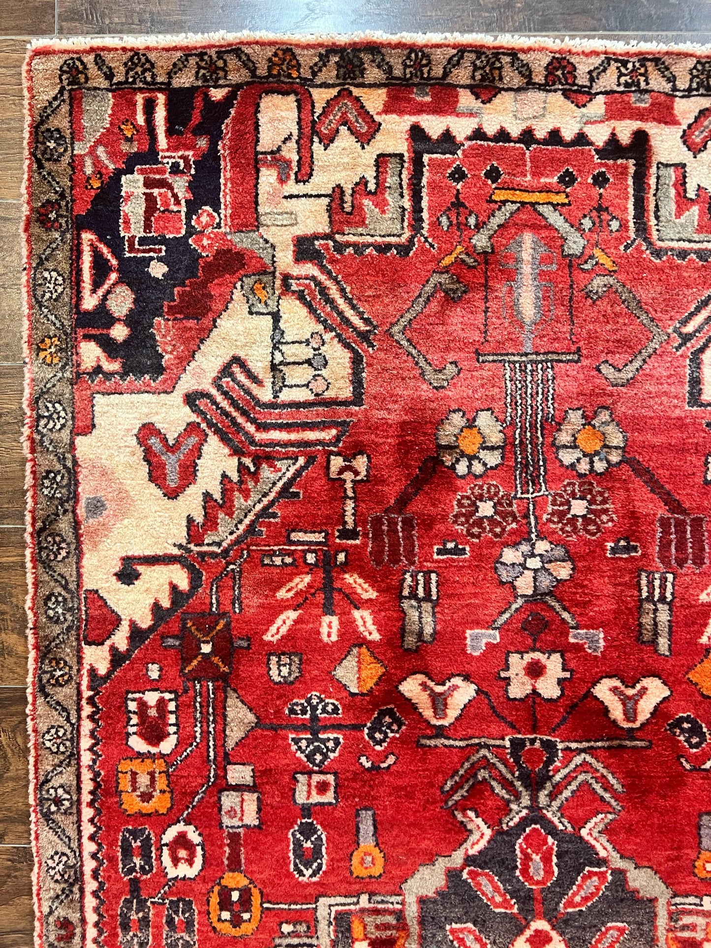 Antique Persian Tribal Rug 4 x 8, Geometric Medallion, Boho Rug, Wool Handmade Rug, Red 4x8 Rug, Persian Hamadan Rug