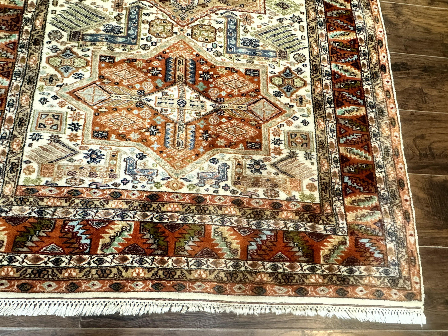 Turkish Kazak Rug 4x6 Geometric Medallions Vintage Hand Knotted Wool Carpet