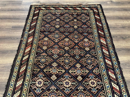 Antique Persian Wide Runner Rug 4x9, Kurdish Rug, Panel Design, Rainbow Border, Rare Tribal Rug