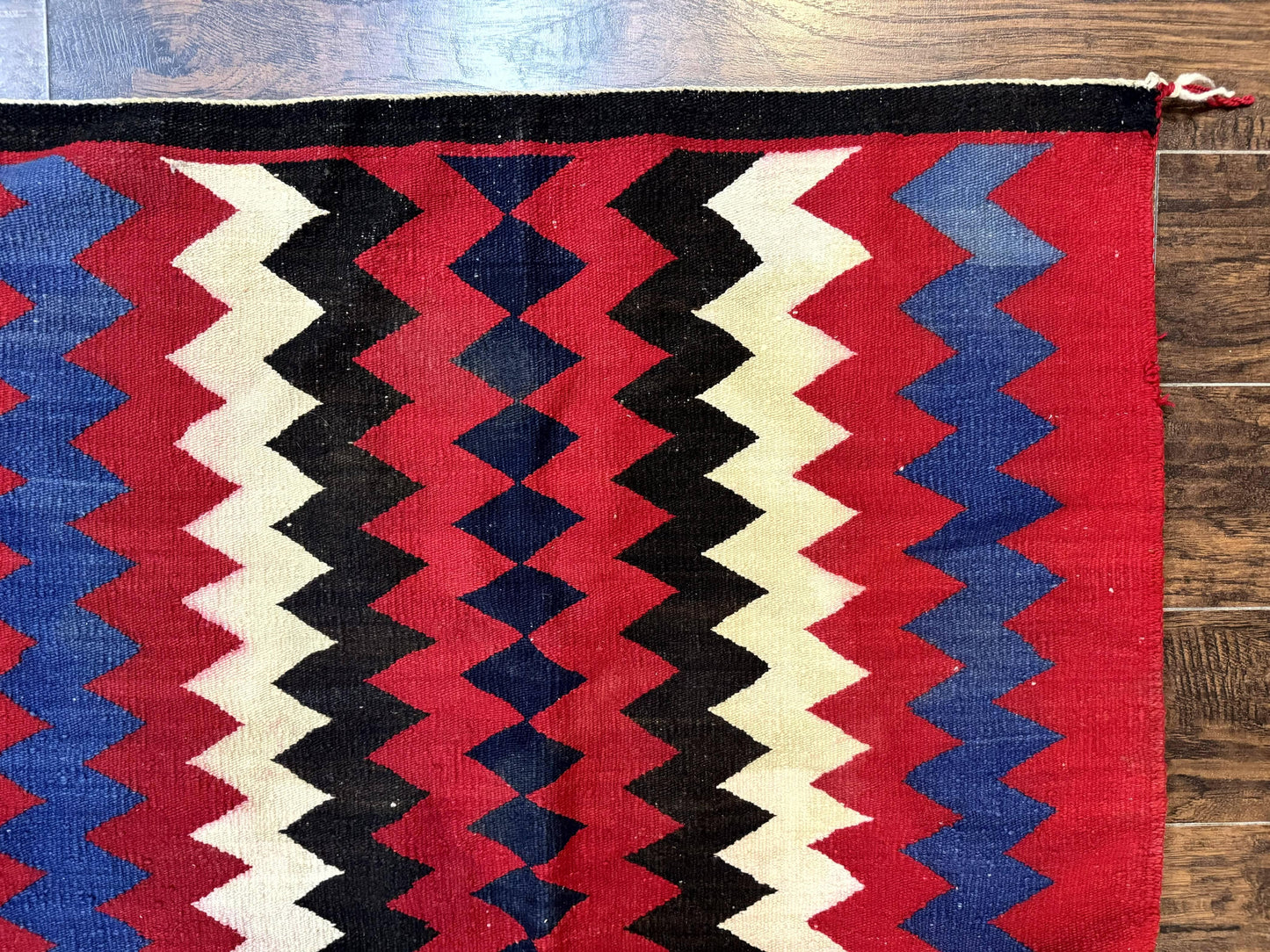 Antique Navajo Rug Handmade Wool Area Rug With Red Ivory Blue Zigzag Pattern