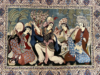 Persian Pictorial Rug Five By Four Feet Isfahan Kork Wool On Silk Foundation Master Weaver Signature Birds And Drums