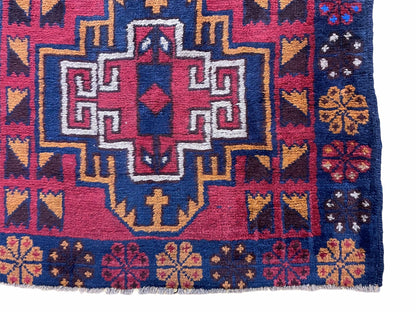 Baluchi Wool Rug Vintage Handmade Afghan 3 By 4.3 Feet Tribal Art