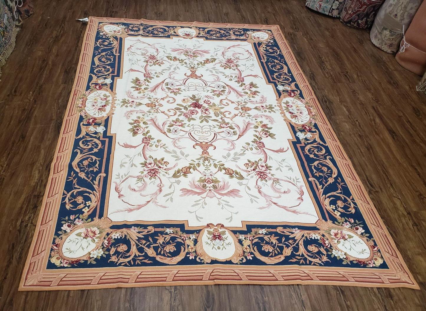 Aubusson Savonnerie Rug Vintage Chinese Handwoven Wool 6x8 Area Rug Flat Weave