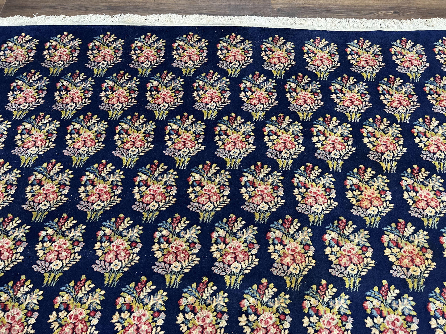 Persian Rug 9x12, Authentic Hand Knotted Carpet, Repeated Floral Motif Garden of Eden, Navy Blue Wool Rug 9 x 12, Semi Antique Kirman Rug