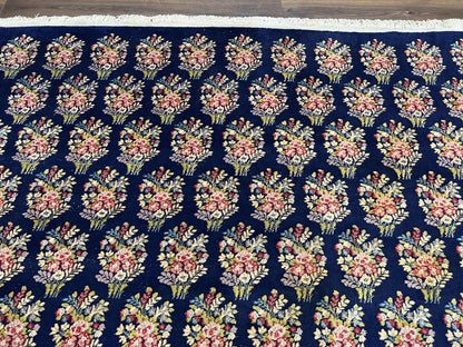 Persian Rug 9x12, Authentic Hand Knotted Carpet, Repeated Floral Motif Garden of Eden, Navy Blue Wool Rug 9 x 12, Semi Antique Kirman Rug