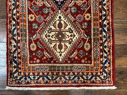 Antique Persian Qashqai Runner Rug 3 x 13 ft, Tribal Runner, Geometric Medallions, Red Ivory Blue, Wool