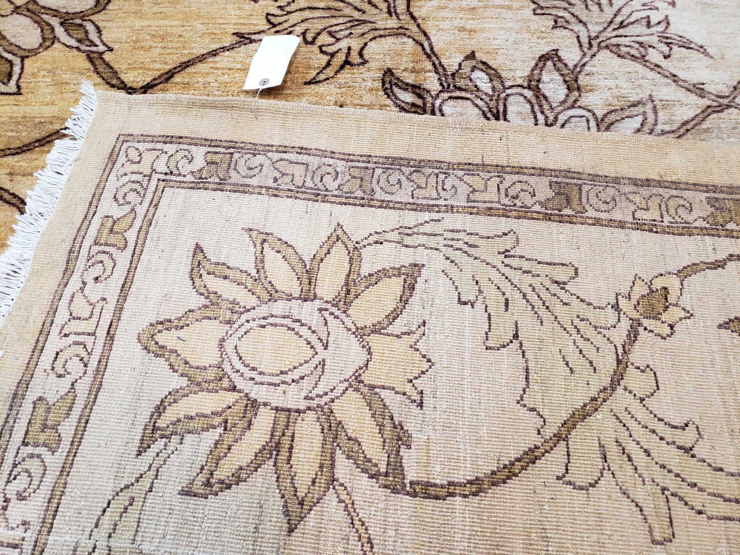 Oversized Peshawar Chobi Oushak Area Rug 11.6 x 12.5, Wool Hand-Knotted Light Gold & Ivory Decorative Pakistani Floral Carpet, 11x12 - 12x13