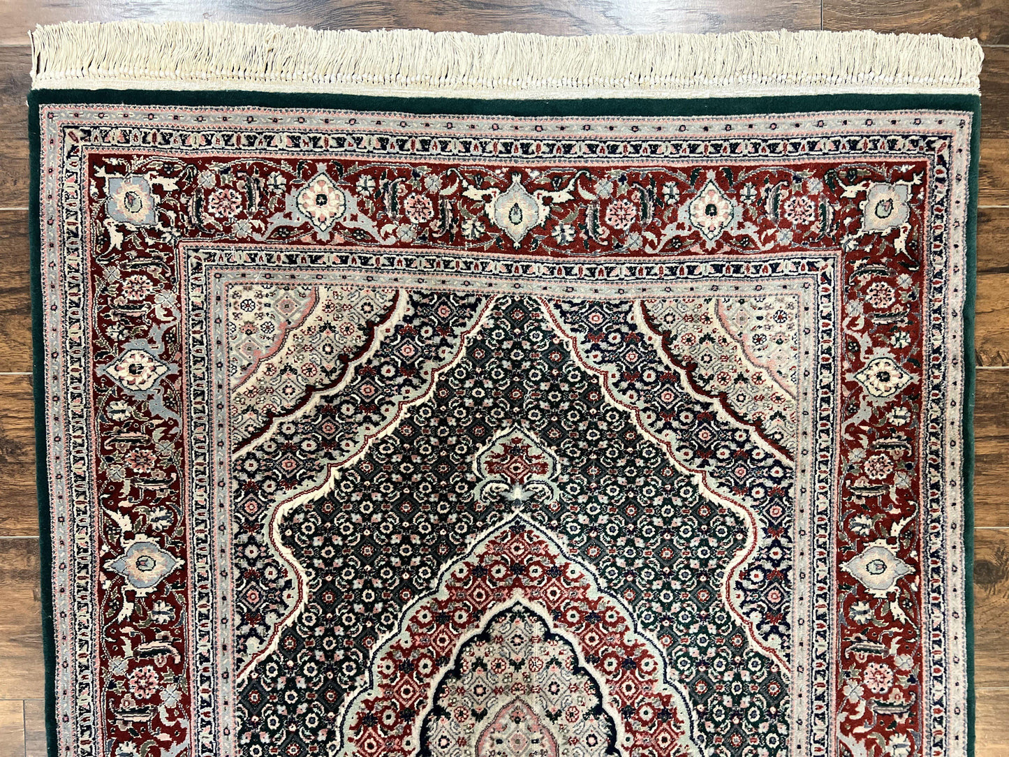 Sino Persian Rug 4x6 Hand Knotted Wool Silk Highlights Herati Medallion Vintage Carpet Green Maroon