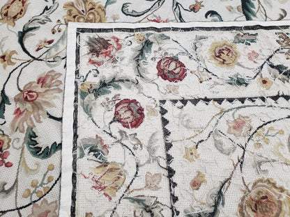 New Needlepoint Rug 9x12, Hand Woven Wool Area Rug, Flatweave Carpet, Handmade Chinese Needlepoint, Floral European Design, Ivory Background