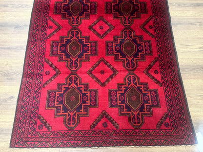 Balouch Afghan Rug 4x7 Hand Knotted Wool Contemporary Tribal Carpet Red And Navy
