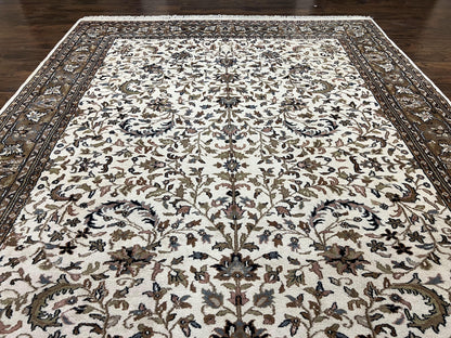 Indo Kirman Rug 8x12 Allover Floral Design, Ivory/Cream Brown, Vintage Handmade Hand Knotted Rug, Traditional Wool Persian Carpet 8 x 12