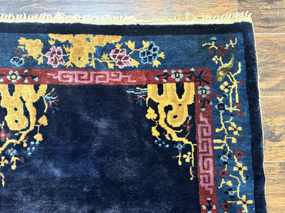 Antique Peking Rug 3x6 Handmade Wool Bird Motif Blue Chinese Legacy Carpet
