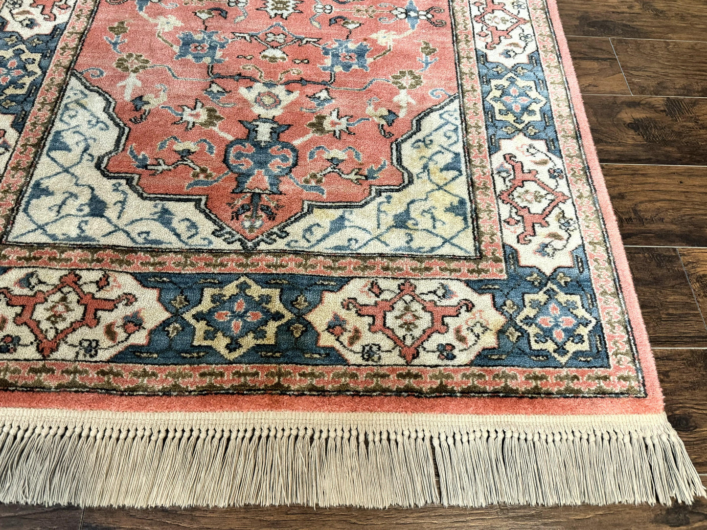 Karastan Rug 4x6 Bergama Design #737, Karastan Area Rug, Vintage Wool Karastan Carpet, Original Collection 700 Series, Salmon Red Light Blue
