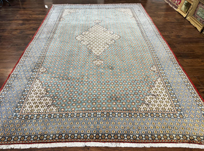 Rare Persian Rug 8x12, Qum Rug, Repeated Star Motifs, Blue and Ivory, Fine 300 KPSI, Hand Knotted Handmade Vintage Wool Rug