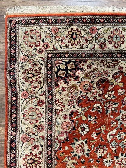 Persian Qum Silk Rug 5x7 Floral Medallion Birds Orange Red Hand Knotted