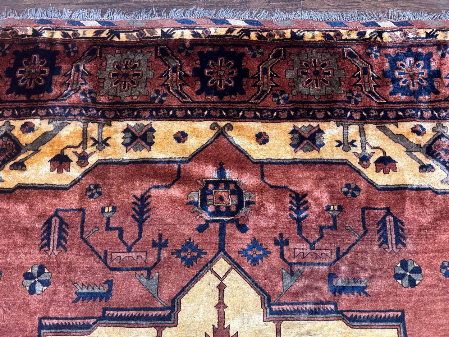 Afghan Heriz Rug 9x12 Vintage Hand Knotted Wool Carpet Tribal Geometric Serapi Rust Cream Navy