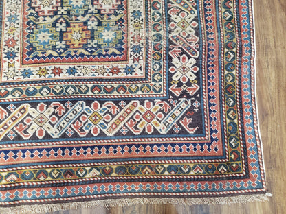 Caucasian Rug Hand Knotted 3 Ft 9 In By 5 Ft 7 In Antique 1920s Chi Chi Carpet Wool Colorful Dark Blue Cream Red