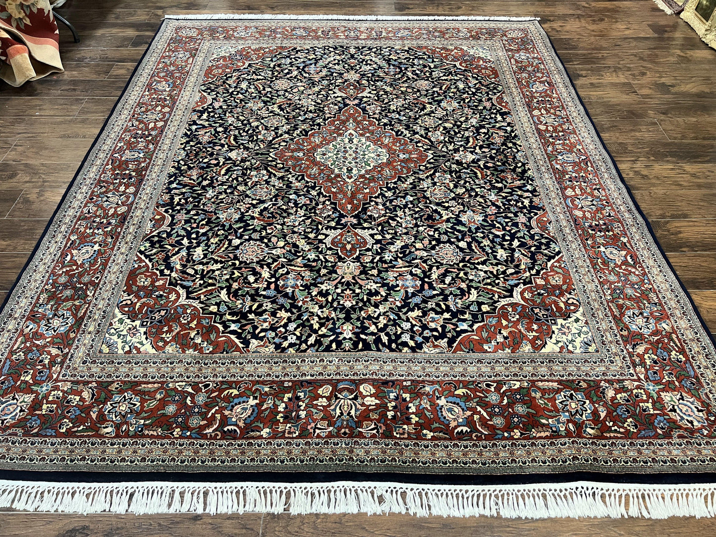 Indo Persian Rug 8x10 Floral Medallion Vintage Handmade Wool Carpet Navy Blue Red 300 KPSI