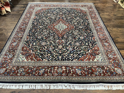 Indo Persian Rug 8x10 Floral Medallion Vintage Handmade Wool Carpet Navy Blue Red 300 KPSI
