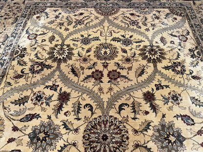 Indo Persian Mahal Rug 10x14, Wool Hand Knotted Oriental Carpet, Cream Floral Allover, Vintage Area Rug 10 x 14, Traditional Rug, Handmade