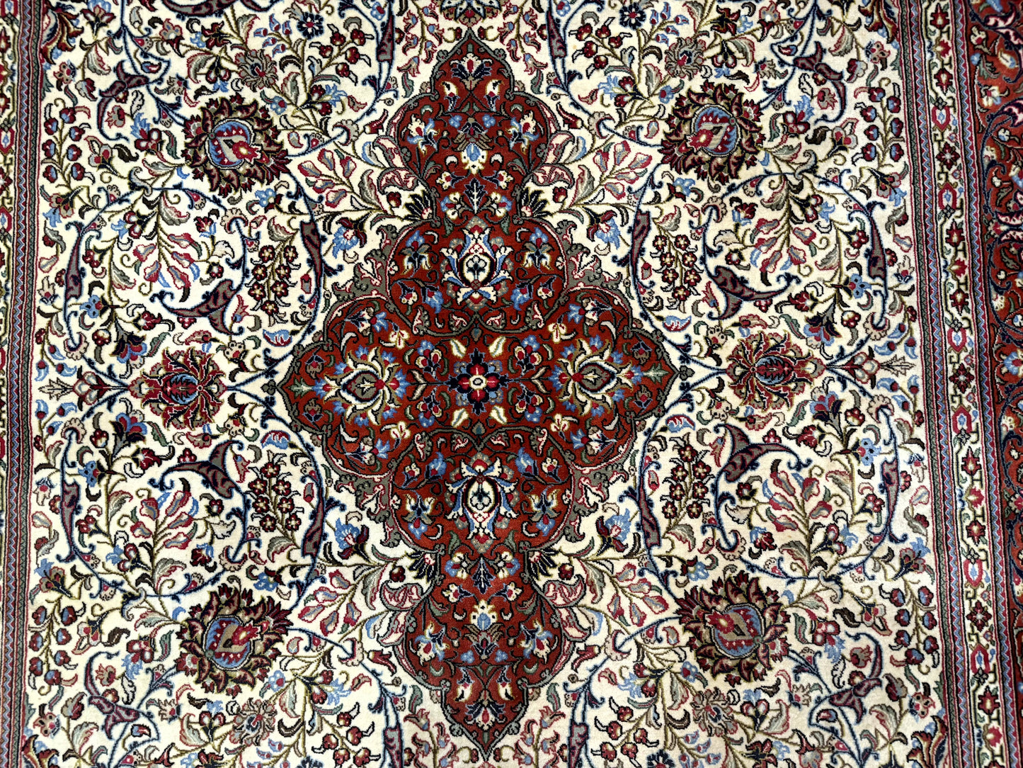Persian Qum Rug 7x11 Beige Red Floral Medallion 260 KPSI Hand Knotted