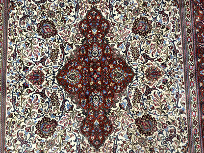 Persian Qum Rug 7x11 Beige Red Floral Medallion 260 KPSI Hand Knotted