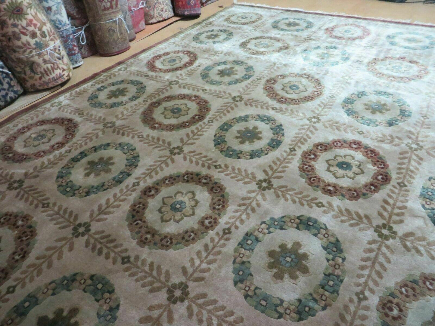 Handmade Wool Rug Indo Lahore 9x12 Modern Art Deco Olive Ivory