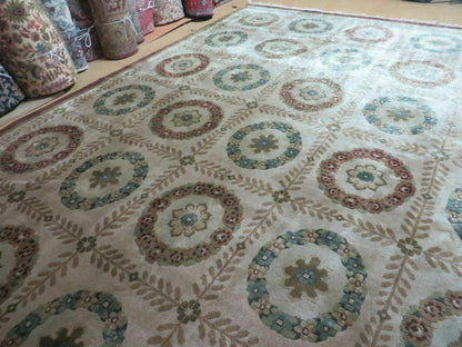 Handmade Wool Rug Indo Lahore 9x12 Modern Art Deco Olive Ivory