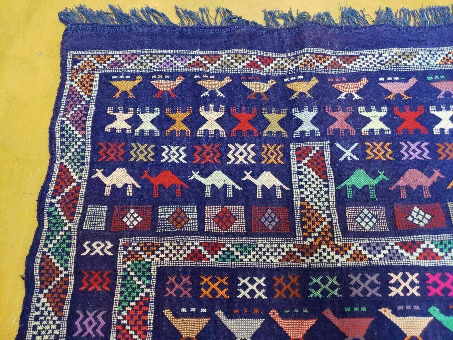 3' X 7' Vintage Handmade Indian Wool Kilim Flat weave Rug Camel Birds Blue Geometric Short Runner