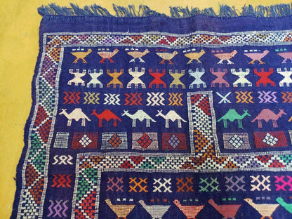 3' X 7' Vintage Handmade Indian Wool Kilim Flat weave Rug Camel Birds Blue Geometric Short Runner