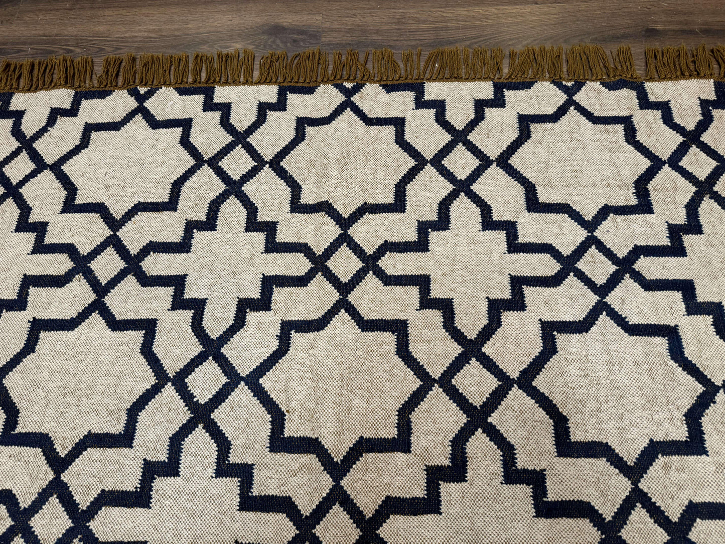 Indian Kilim Rug 8x10 Handwoven Wool Dhurrie Carpet Oat And Navy Blue