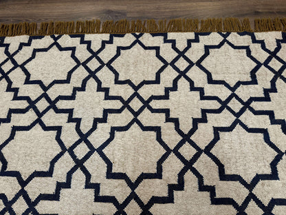 Indian Kilim Rug 8x10 Handwoven Wool Dhurrie Carpet Oat And Navy Blue