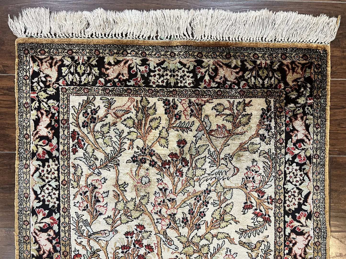 Silk Tree of Life Persian Qum Rug 3x4, Hand Knotted Vintage Carpet, Cream & Black, Very Fine Oriental Rug, Animal Pictorials, Birds