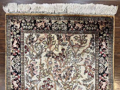 Silk Tree of Life Persian Qum Rug 3x4, Hand Knotted Vintage Carpet, Cream & Black, Very Fine Oriental Rug, Animal Pictorials, Birds